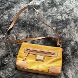 Tignanello Yellow Leather Crossbody with Tan Trim and Front Zip